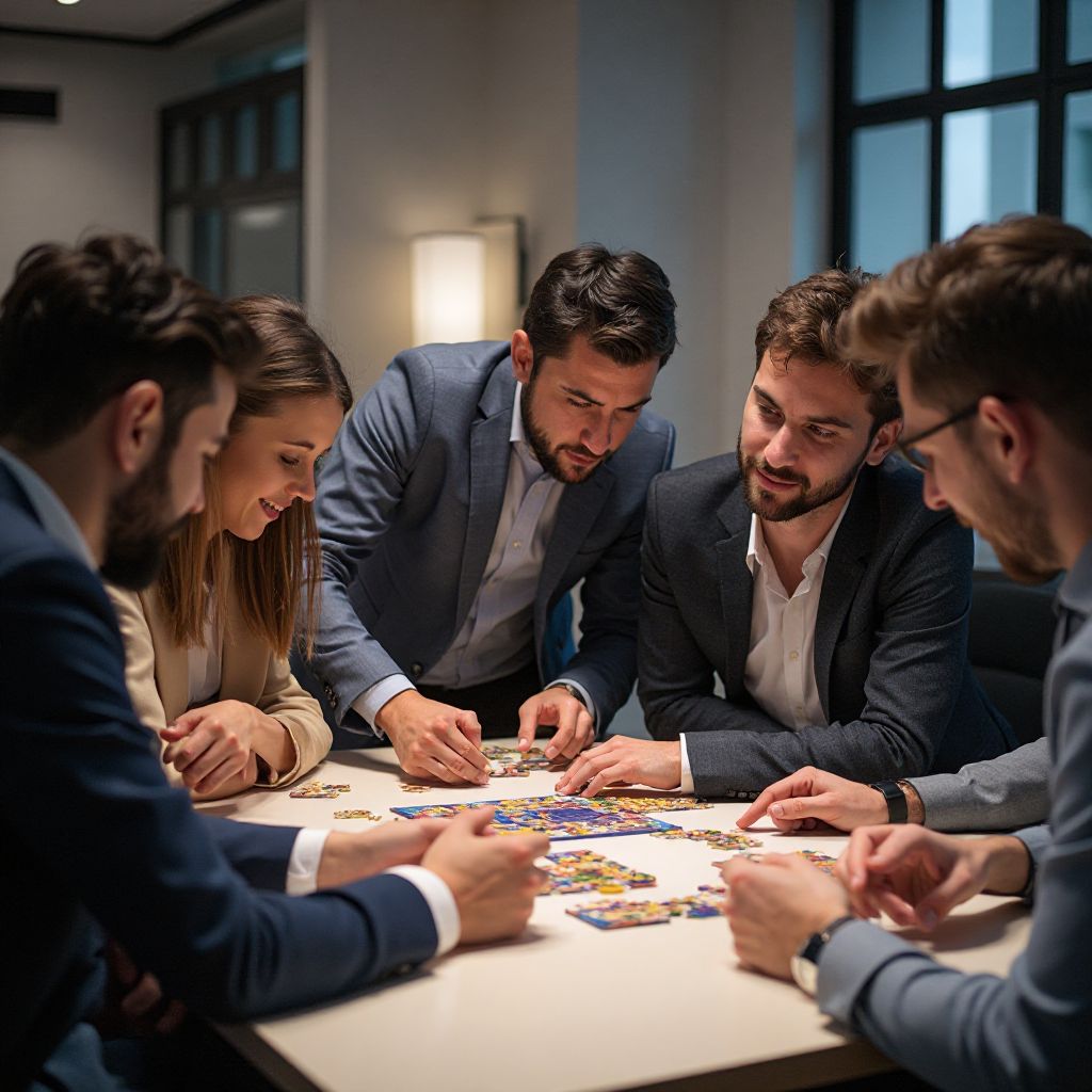 Corporate team participating in a puzzle-solving workshop
